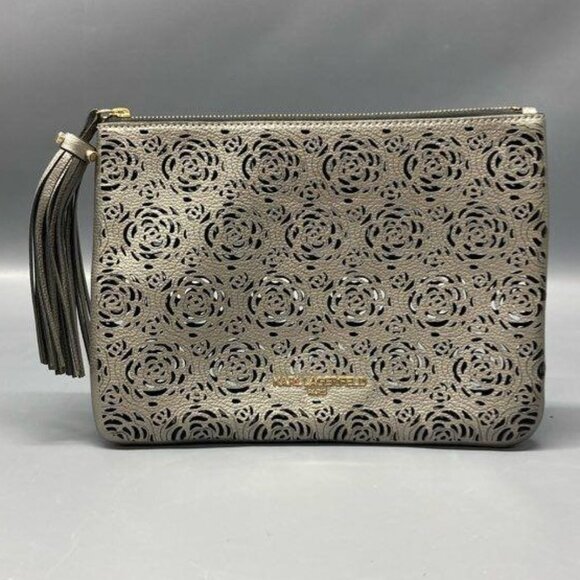 NEW Karl Lagerfeld Metallic Rose Perforated Zip Clutch with Tassel - Picture 1 of 10